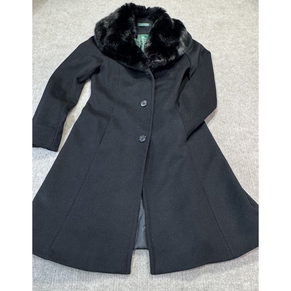 Lauren By Ralph Lauren 4 Women Wool Blend Coat Faux-Fur Trim Black Aspen Chic